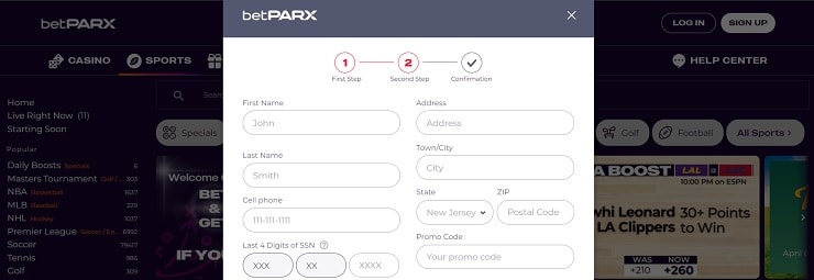 BetPARX Sign Up Form Step Two