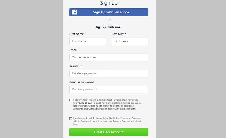 Chumba Casino Sign Up Form
