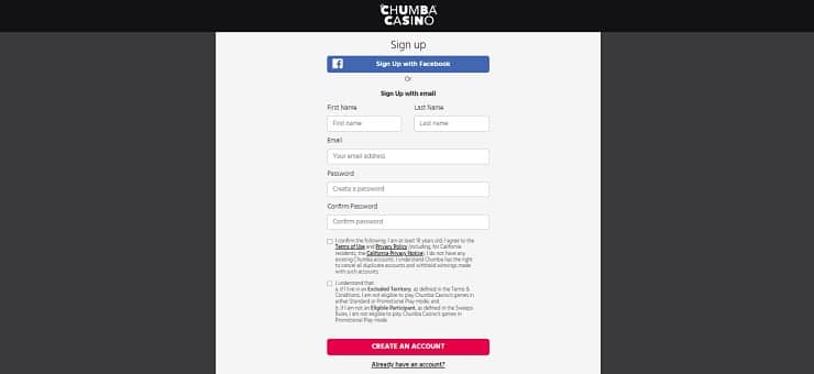 Chumba-sign up form