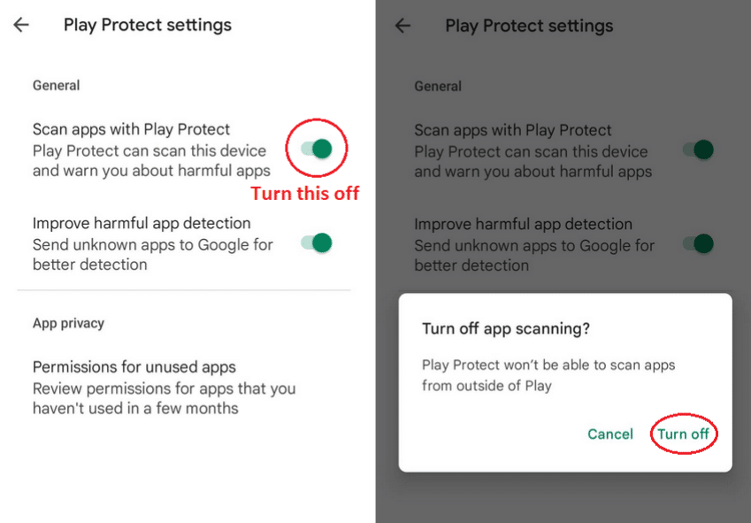 Disable Play Protect on the Target Phone