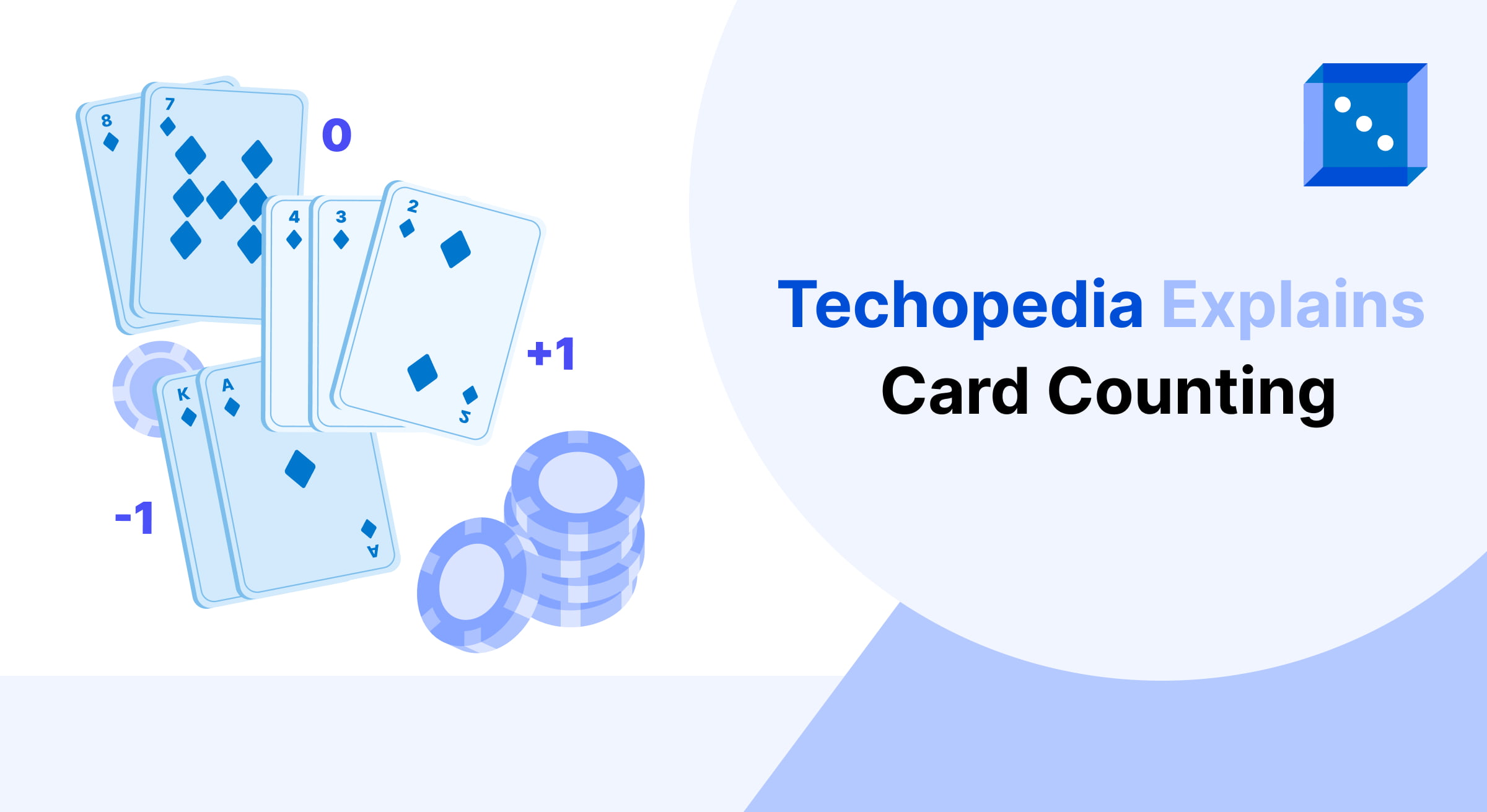 Illustration of playing cards with counting values and chips, accompanied by "Techopedia Explains Card Counting" text.