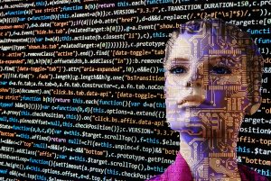Female robot's face behind holographic code