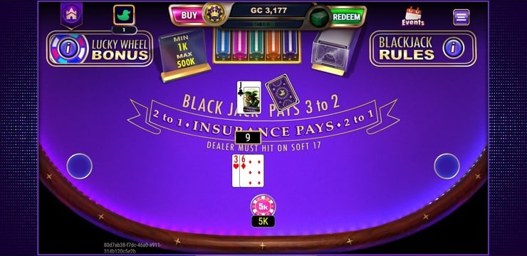 Blackjack game at social casino