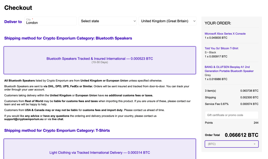 Crypto Emporium BTC payments