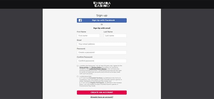 Chumba sign up screen