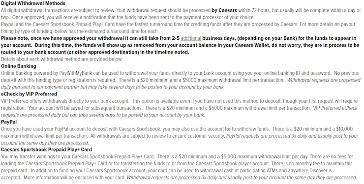 Caesars DC Deposits and Withdrawals