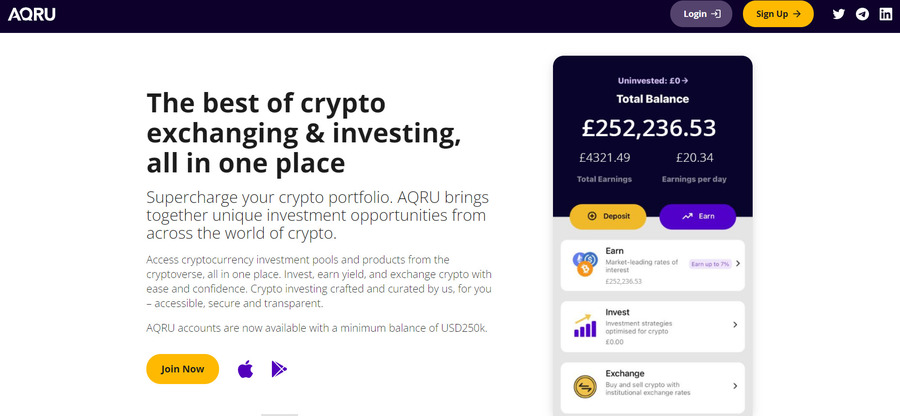 Aqru allows crypto exchanging, investing, and lending in one place.