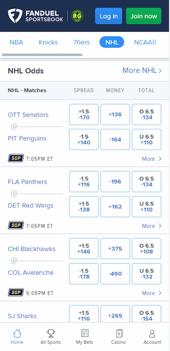 FanDuel NHL odds