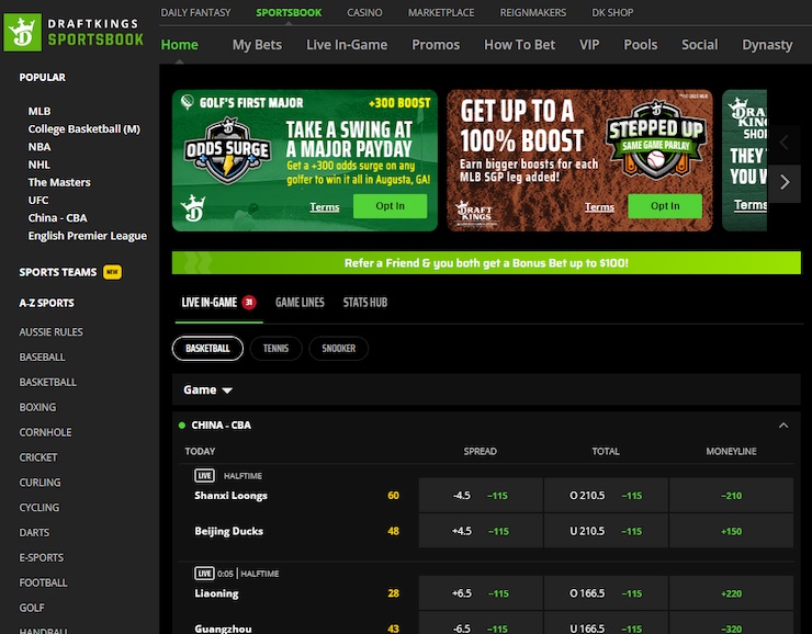 DraftKings Massachusetts Sportsbook Home Page