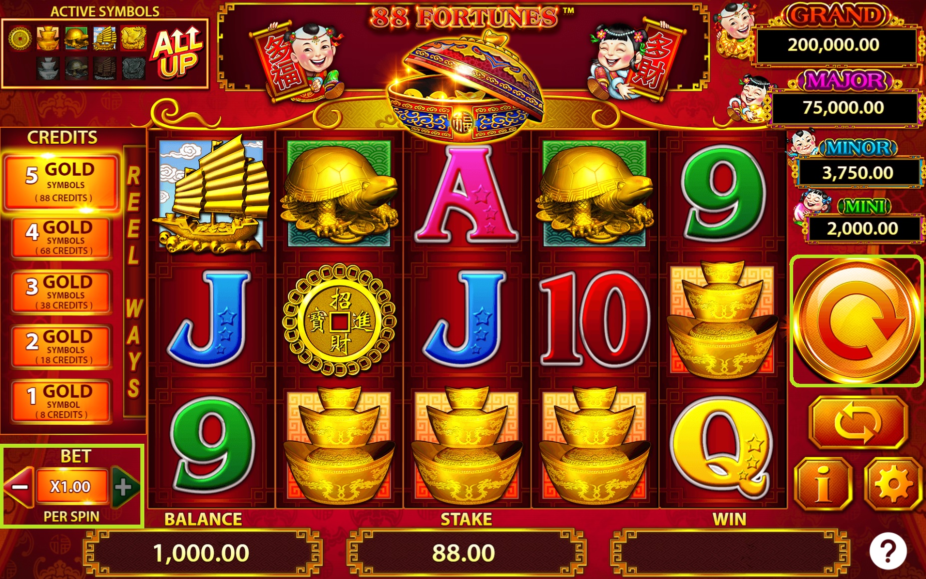 88 Fortune Slot Bets and Spin