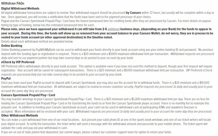 Caesars NY Payment Methods