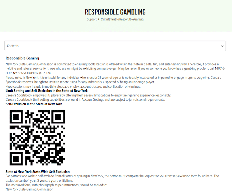 Caesars NY Responsible Gambling