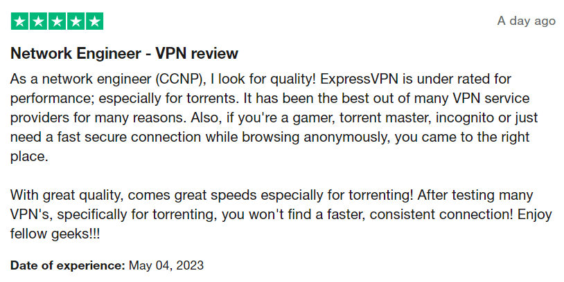 ExpressVPN TrustPilot review 1