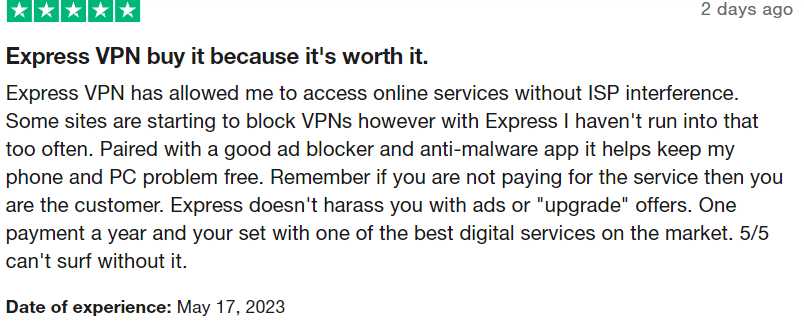 ExpressVPN TrustPilot review 3