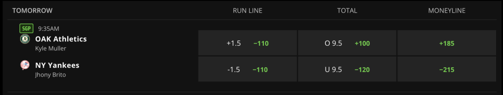 MLB Moneyline Run Line Total