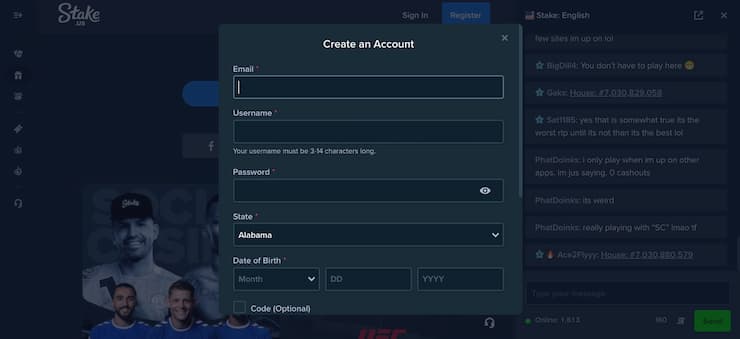 Creating an account at Stake.us