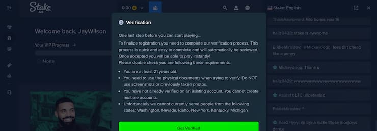 Verifying your account at Stake.us