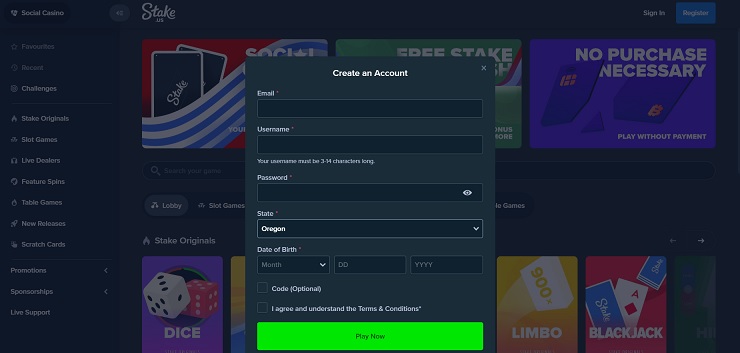 Stake.us Sign Up Form