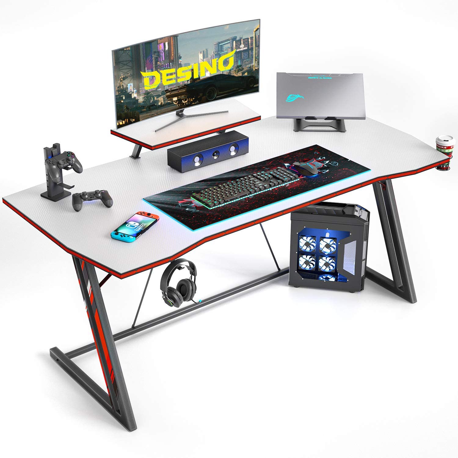 Professional Gaming Desk W/ Built-in Storage Metal Accessory Holders Cable  Slots