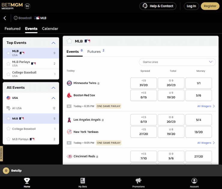 BetMGM MLB betting in Mississippi