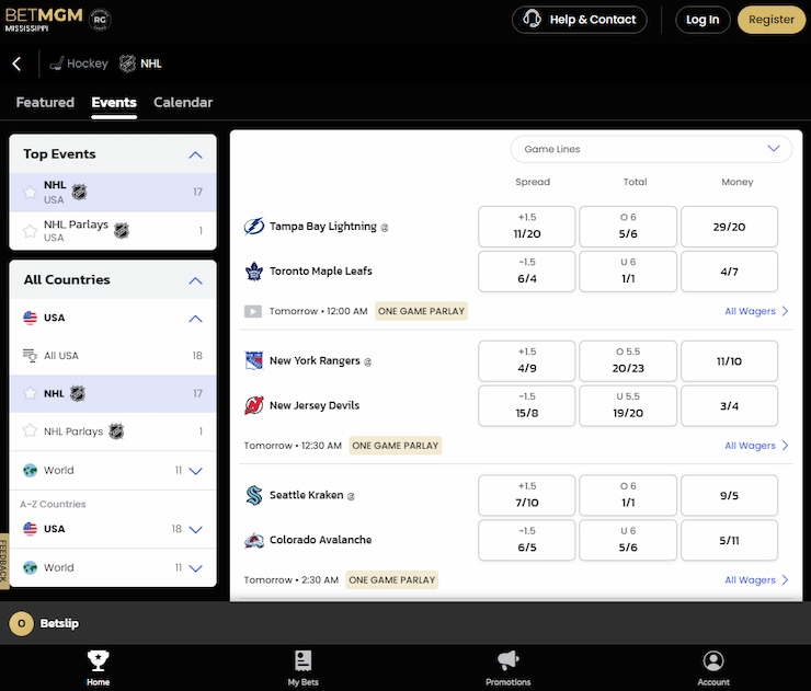BetMGM NHL betting in Mississippi