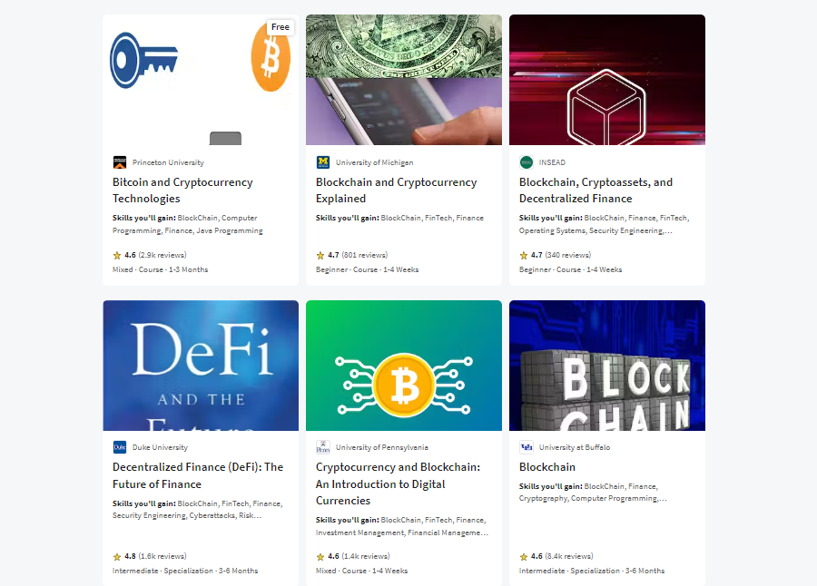 Coursera offers a range of useful crypto and blockchain courses for beginners and experts alike.