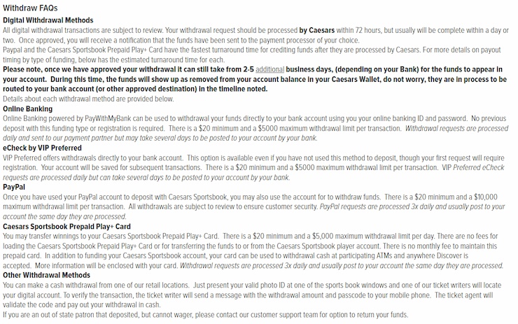 Caesars DC Deposits and Withdrawals