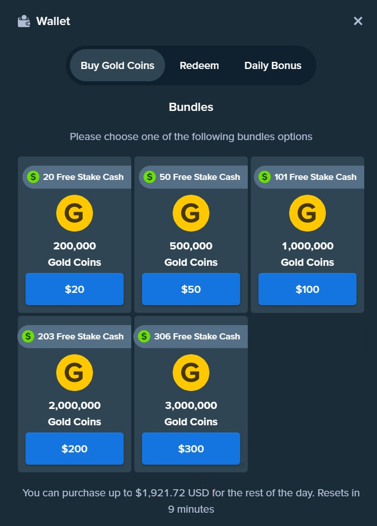 Stake.US gold coin buy screen