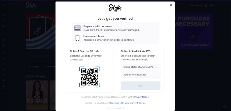 Stake.US KYC pop up with QR code