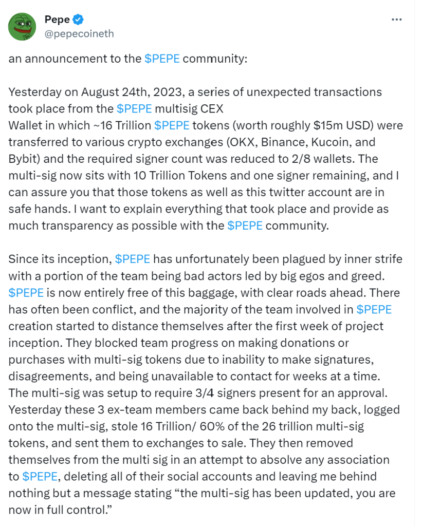 Twitter post about ex-developers stealing $PEPE tokens.