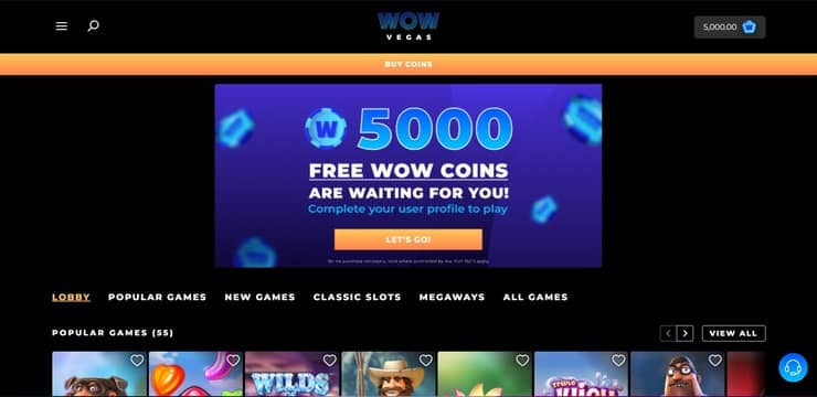 WOW Vegas casino homepage