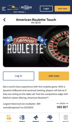 Roulette game at Betrivers