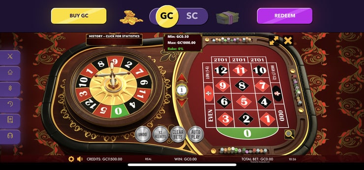 Roulette game at SweepSlots