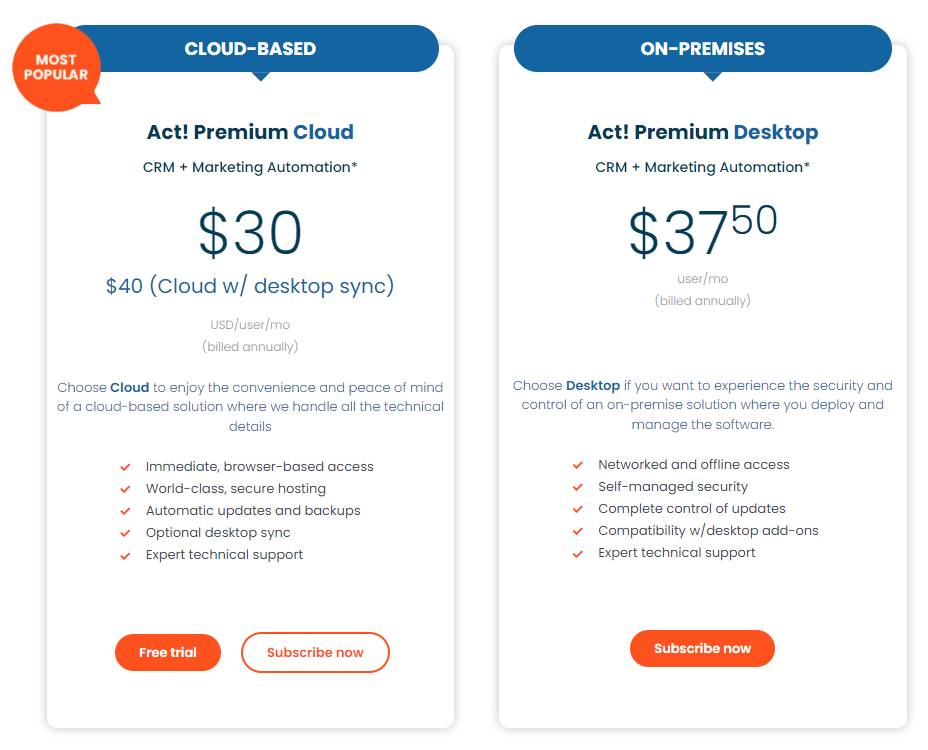 Act CRM pricing