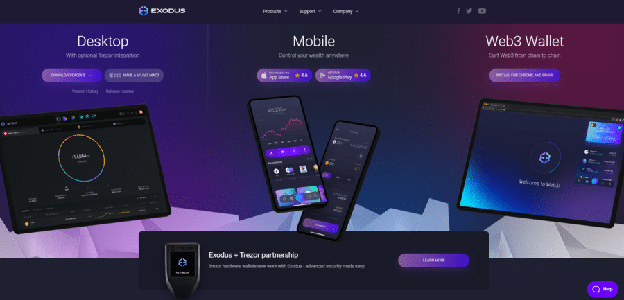 Exodus offers a mobile app, desktop software, and a partnership with Trezor for cold storage.