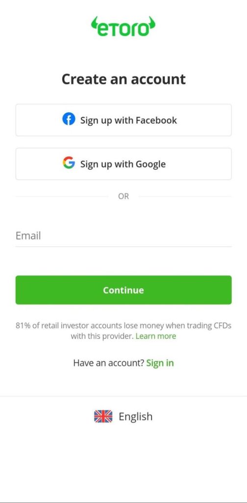 Beginning of the registration process on the eToro Android app.