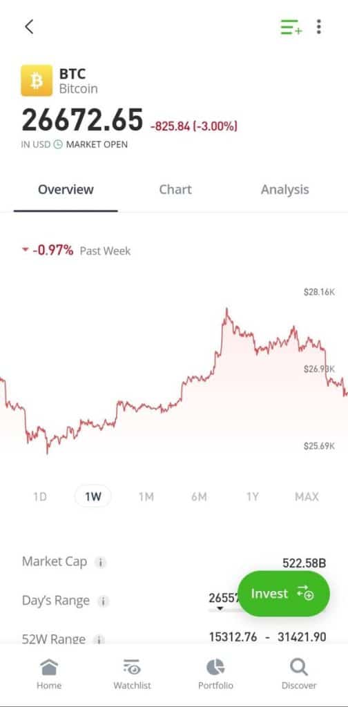 Bitcoin in the eToro app.