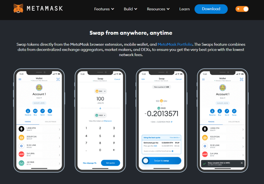MetaMask lets you buy, sell, swap, and stake various cryptocurrencies