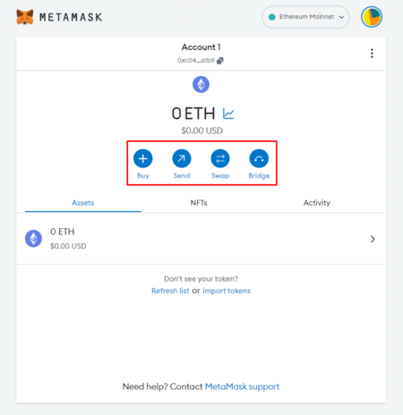MetaMask main dashboard