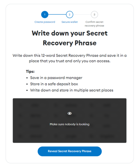 Secret Recovery Phrase page