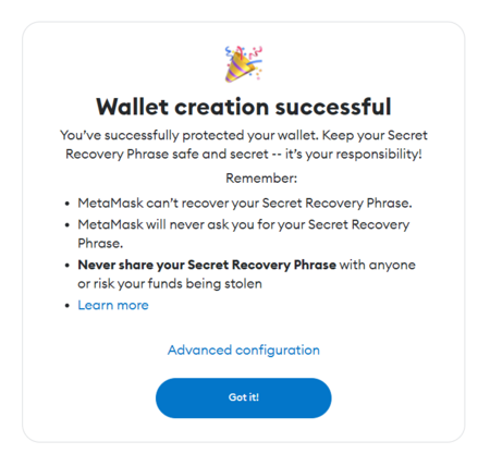 Successful wallet creation confirmation message