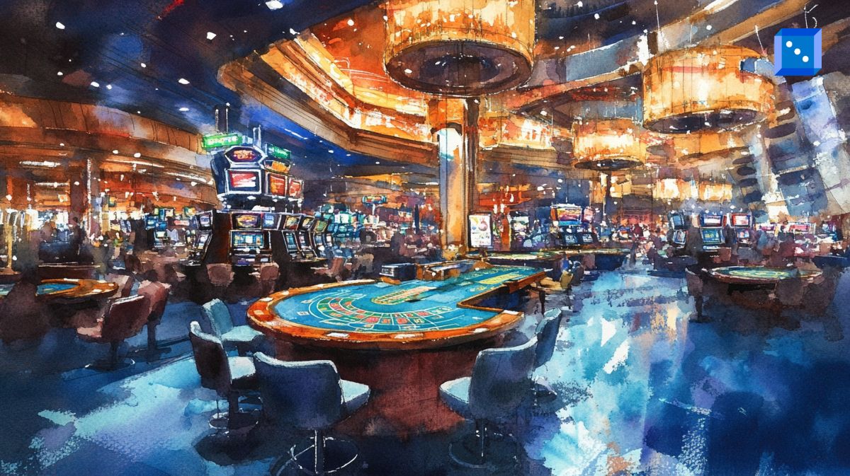 Vibrant casino with warm lighting, slot machines, and gaming tables. A roulette table is in the foreground, surrounded by chairs.