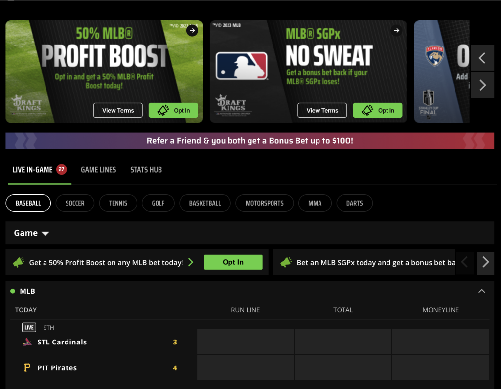 DraftKings IN Betting Page