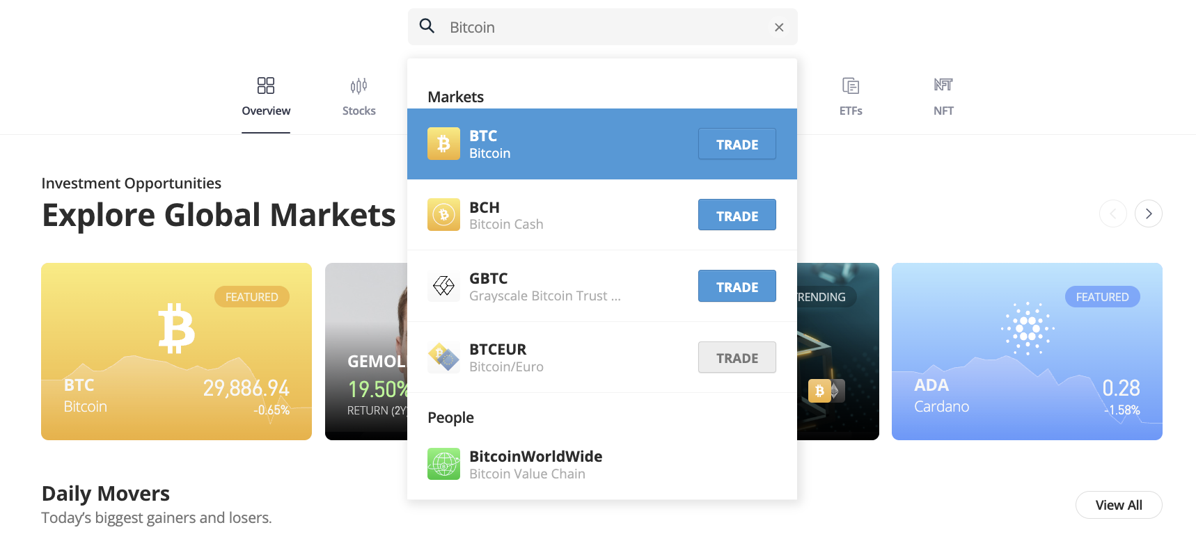 Buy Bitcoin on eToro 