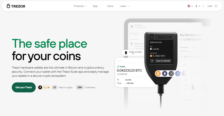 Trezor is a safe hardware wallet that connects to the Trezor Suite app for easy access to your portfolio. 