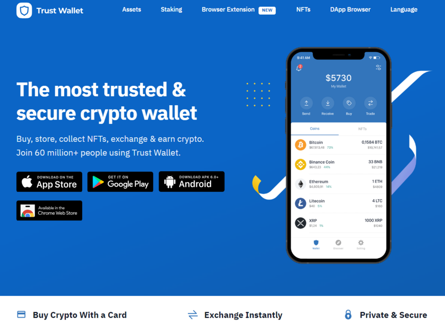Trust Wallet has over 60 million users and allows you to store and buy coins, collect NFTs, and even earn crypto