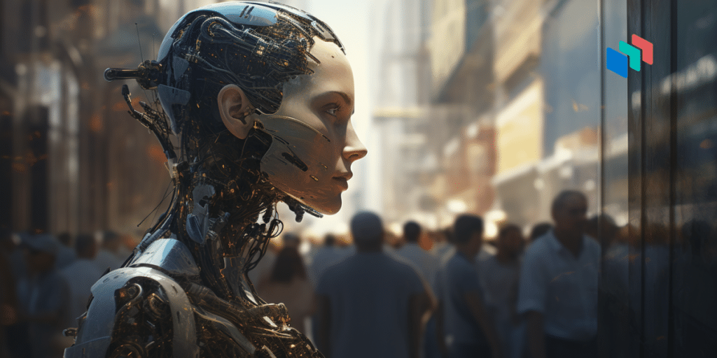 An AI robot standing in font of people