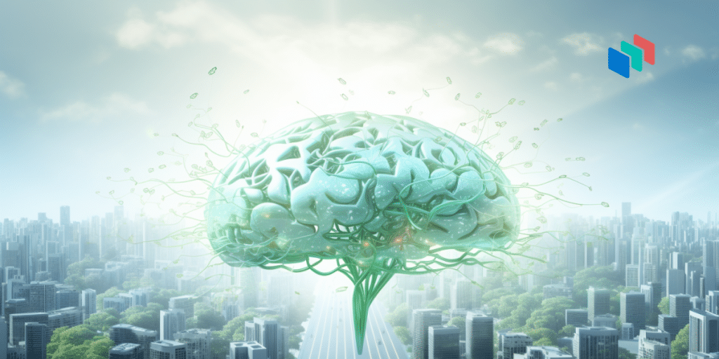 A tree shaped as a brain in the middle of a city