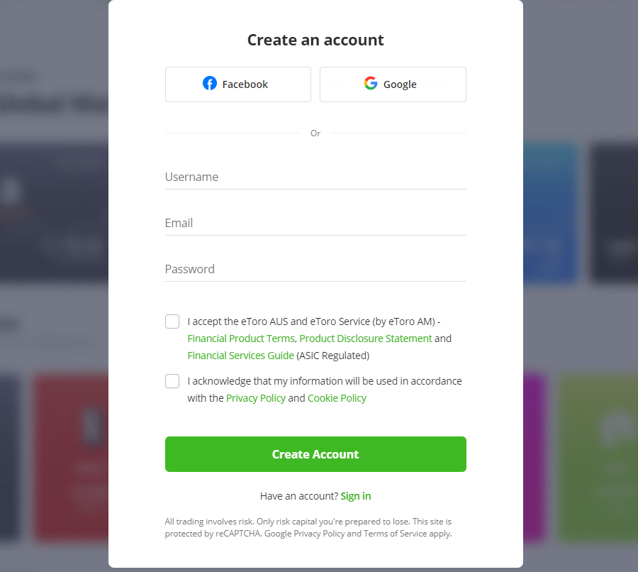 eToro Create an account page screenshot 