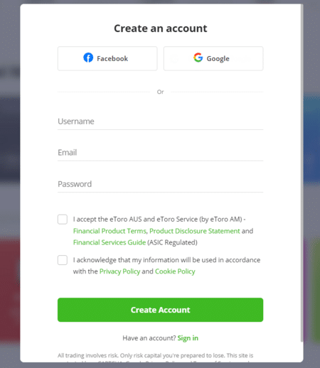 eToro registration form